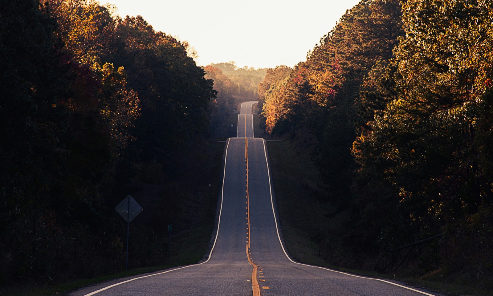 Two-lane road rolling through autumn-colored hills at golden hour