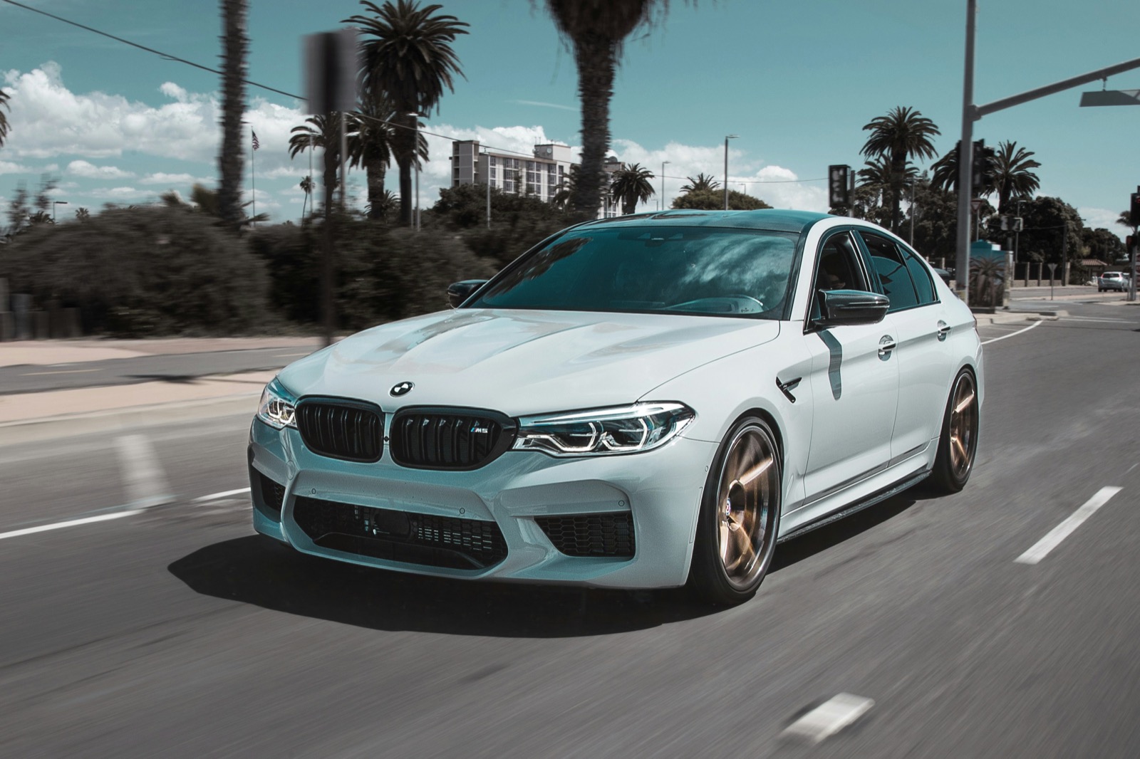 White BMW M5 driving on a palm-lined street in motion